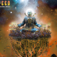 Man in spacesuit with bubble helmet out in space, sitting on a chunk of earth with some grass on it and roots dangling down, with shattered world-rocks floating behind him, against the backdrop of nebula gasses.